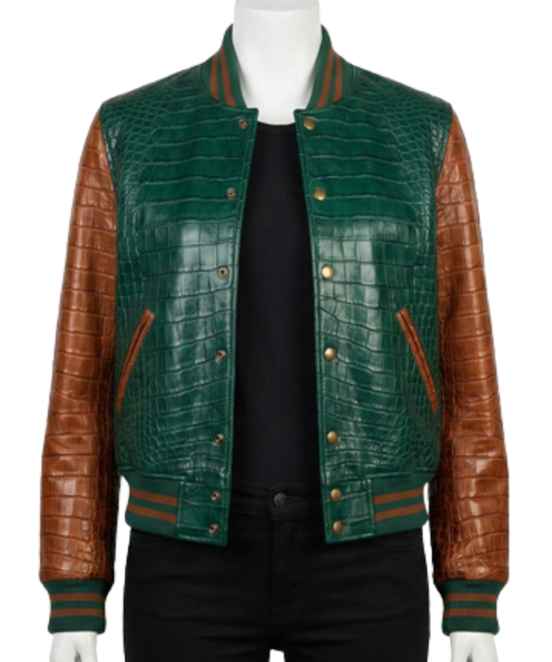 A luxury evergreen and cognac crocodile leather varsity jackets women design.