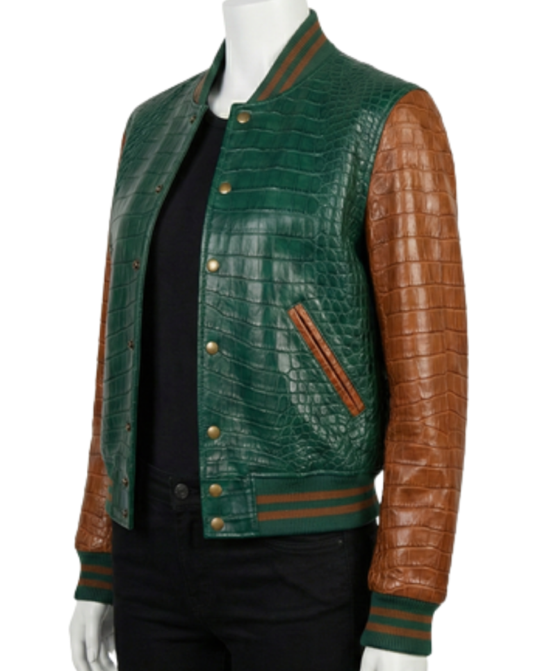 A luxury evergreen and cognac crocodile leather varsity jackets women design.