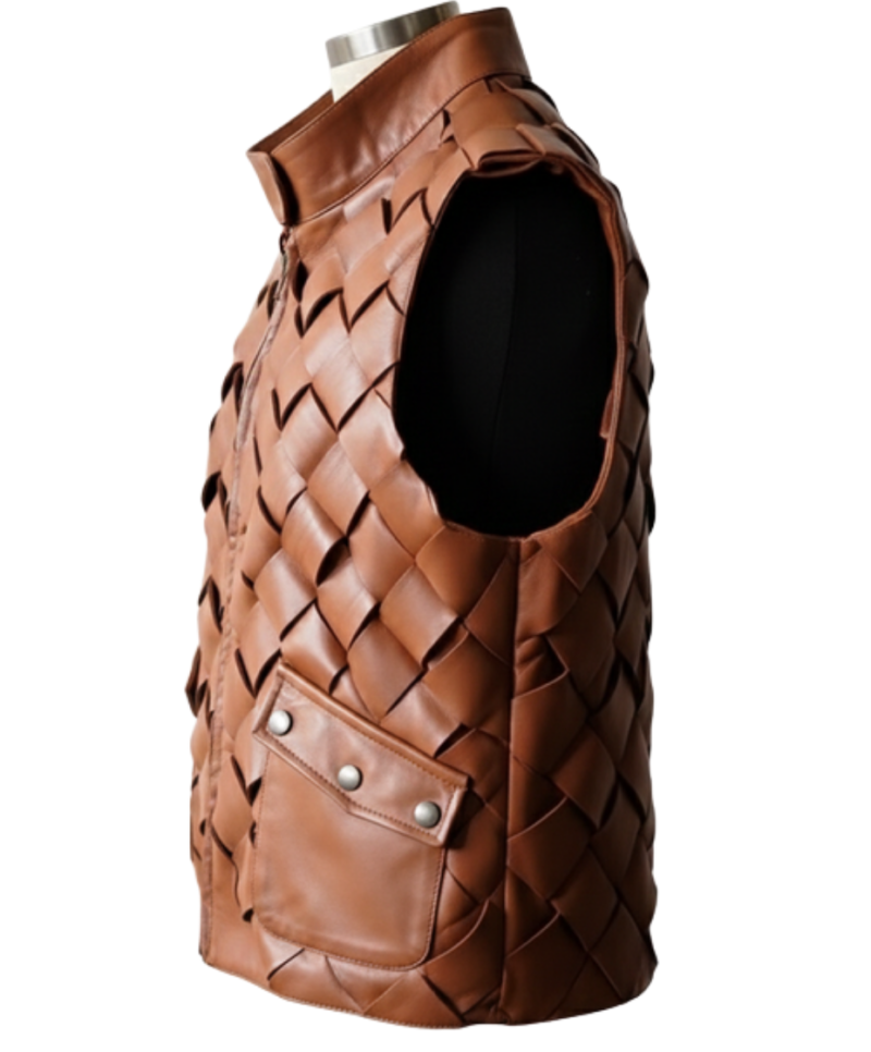 A handcrafted cognac woven leather vest women showing the womens leather vest texture.