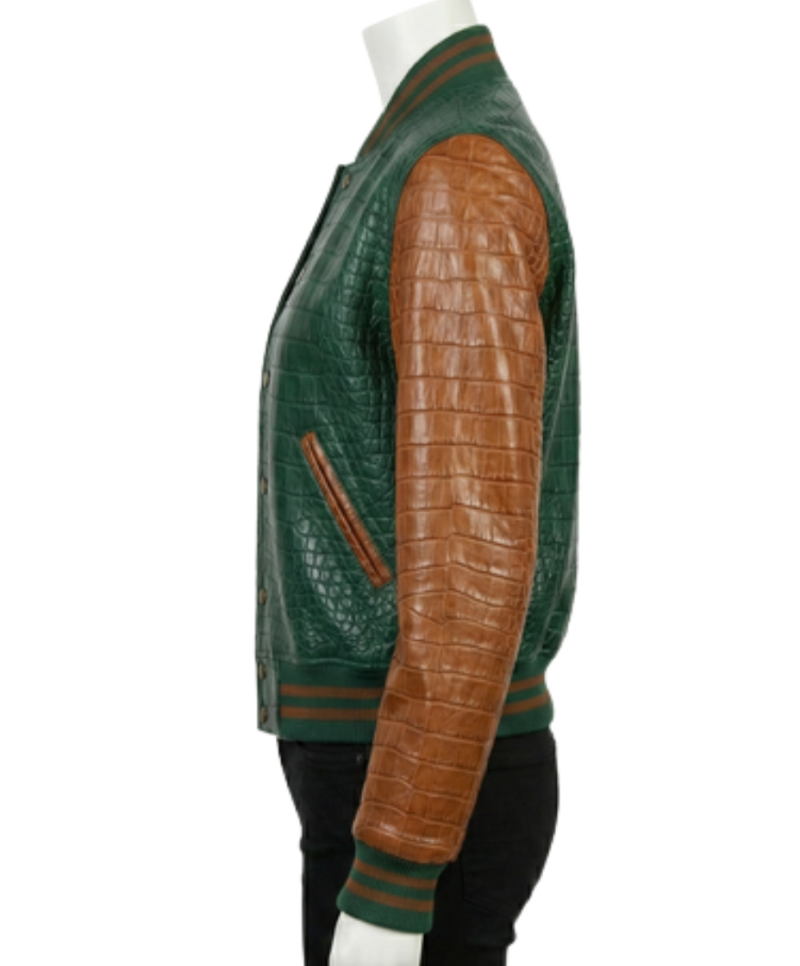 A luxury evergreen and cognac crocodile leather varsity jackets women design.