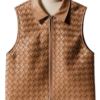 A handcrafted tan woven leather collar vest women showing the womens leather vest texture.