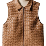 A handcrafted tan woven leather collar vest women showing the womens leather vest texture.