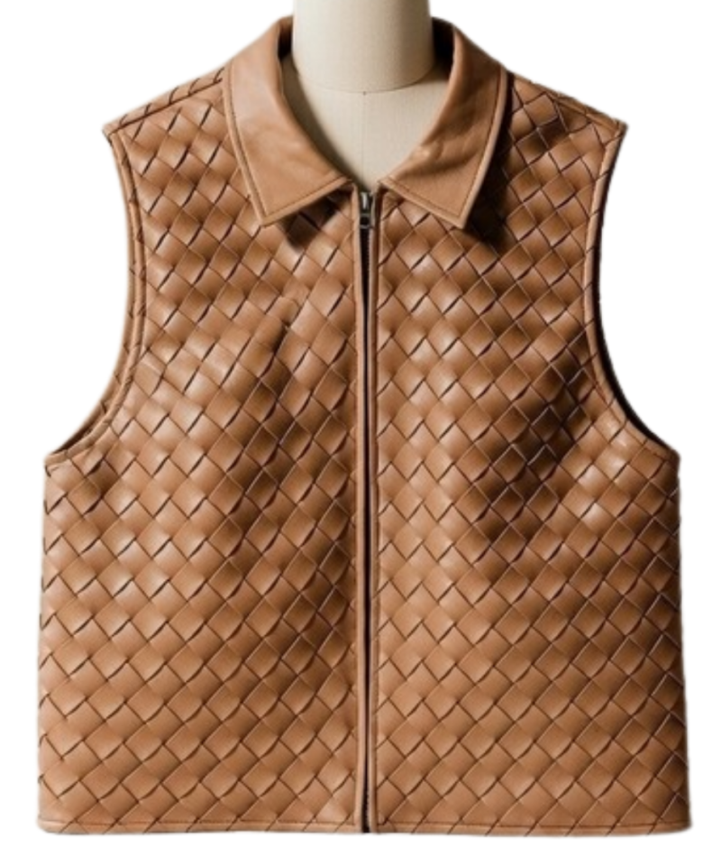 A handcrafted tan woven leather collar vest women showing the womens leather vest texture.