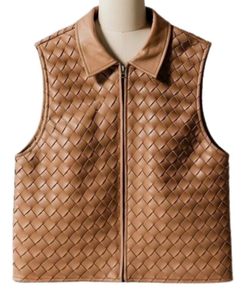 A handcrafted tan woven leather collar vest women showing the womens leather vest texture.