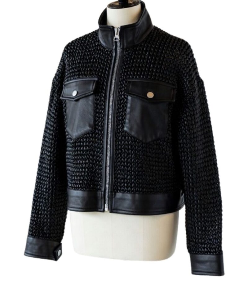 A high-end black leather jacket women featuring a detailed black jacket womens leather woven texture.