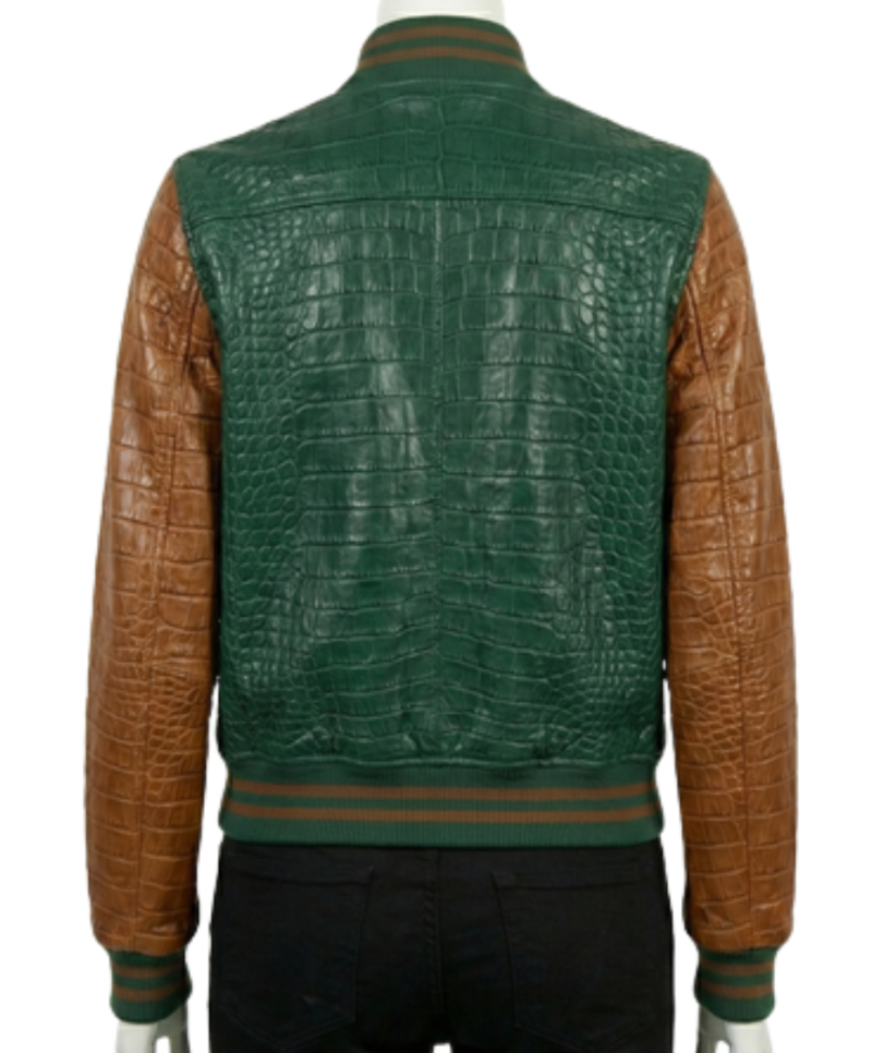 A luxury evergreen and cognac crocodile leather varsity jackets women design.