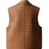 A handcrafted tan woven leather collar vest women showing the womens leather vest texture.