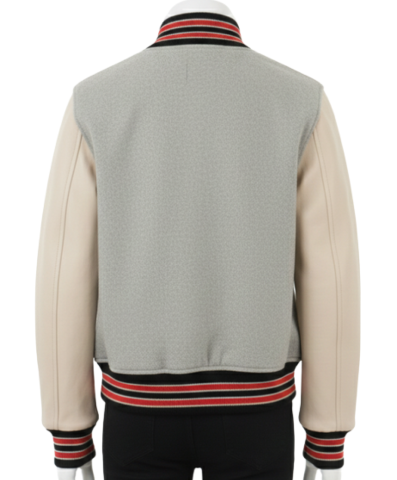 A luxury mist and ash design featuring the oversized varsity jacket womens style.