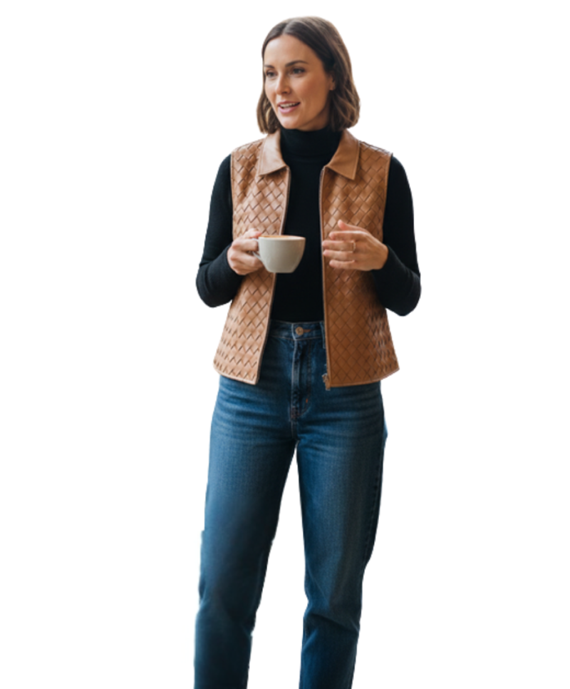 A handcrafted tan woven leather collar vest women showing the womens leather vest texture.