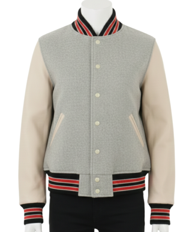 A luxury mist and ash design featuring the oversized varsity jacket womens style.