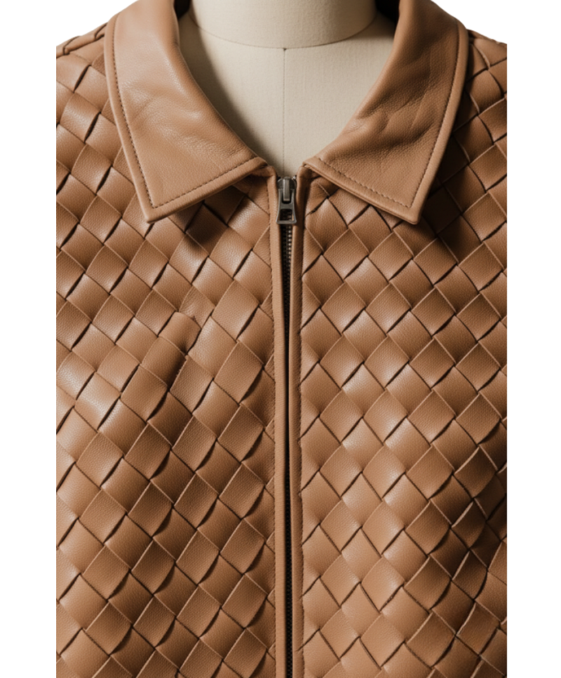 A handcrafted tan woven leather collar vest women showing the womens leather vest texture.