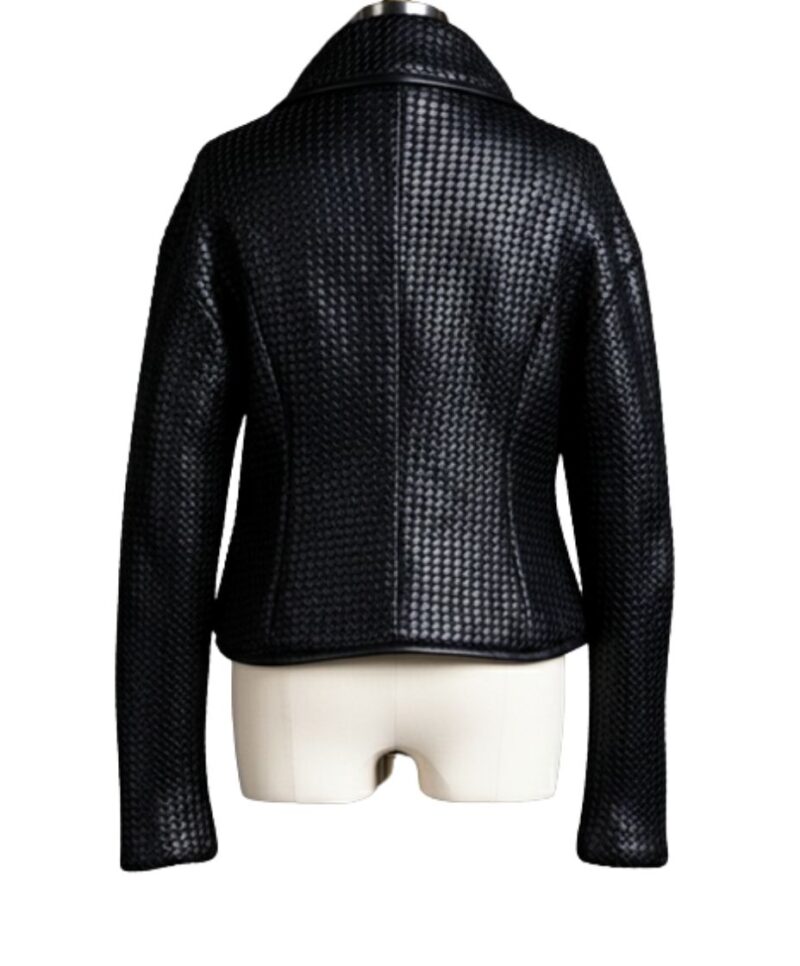 A high-end leather jacket women featuring a detailed black leather jacket women woven texture.