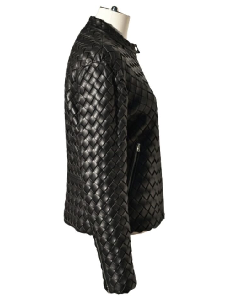 A high-end leather jacket women featuring a detailed leather black leather jacket woven texture.