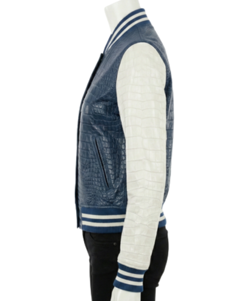 A high-end navy and white crocodile leather varsity jacket for women.