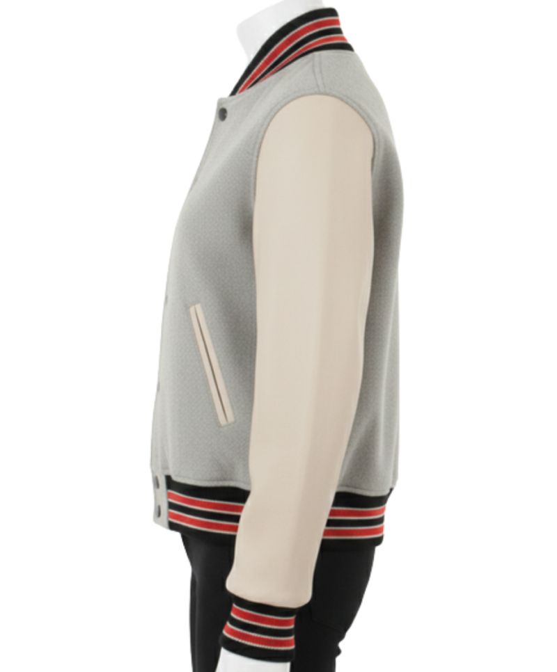 A luxury mist and ash design featuring the oversized varsity jacket womens style.
