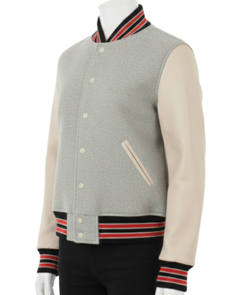 A luxury mist and ash design featuring the oversized varsity jacket womens style.