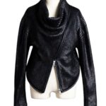 A high-end leather jacket women featuring a detailed black leather jacket women woven texture.