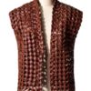 A handcrafted burnt maroon interlaced leather gilet women showing the womens leather vest jacket texture.