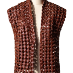 A handcrafted burnt maroon interlaced leather gilet women showing the womens leather vest jacket texture.