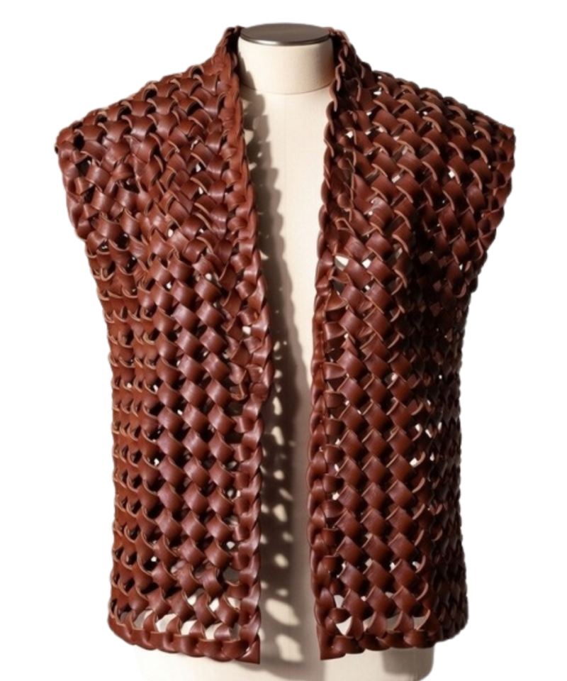 A handcrafted burnt maroon interlaced leather gilet women showing the womens leather vest jacket texture.