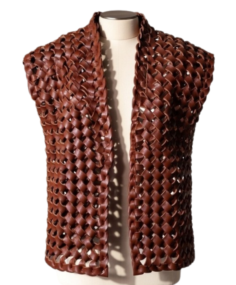 A handcrafted burnt maroon interlaced leather gilet women showing the womens leather vest jacket texture.