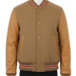 A high-end camel and cream wool varsity jackets with leather sleeves for men.