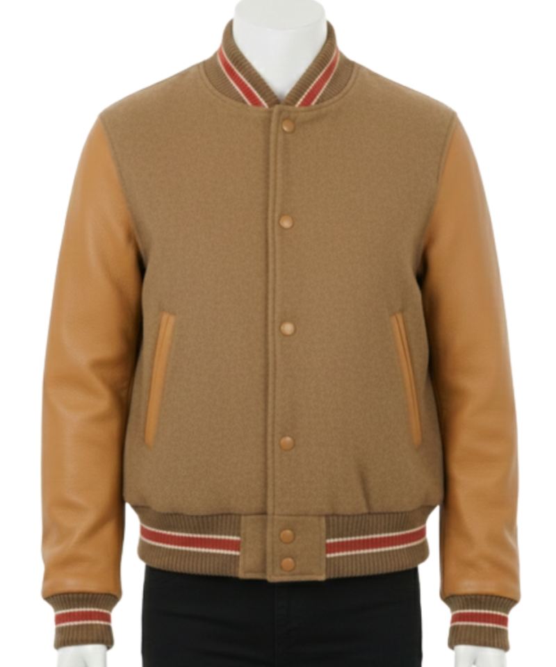 A high-end camel and cream wool varsity jackets with leather sleeves for men.