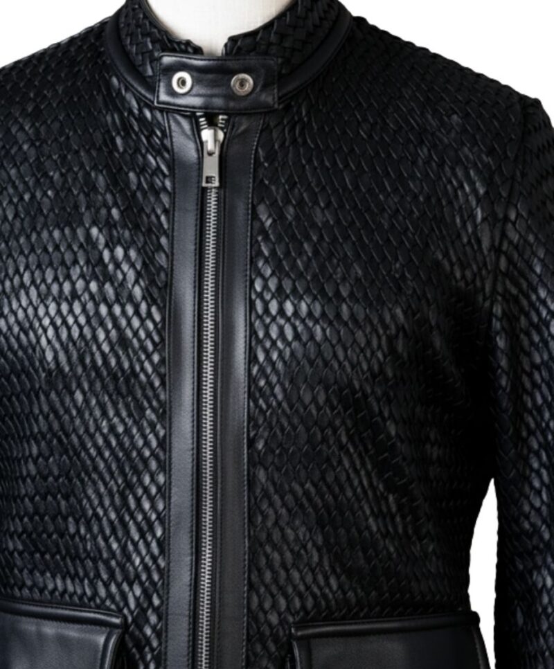 A high-end mens leather jackets featuring a detailed leather black leather jacket woven texture.