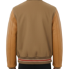 A high-end camel and cream wool varsity jackets with leather sleeves for men.