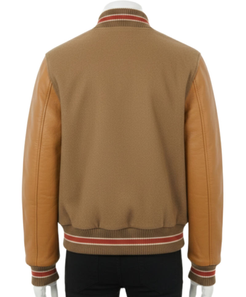 A high-end camel and cream wool varsity jackets with leather sleeves for men.