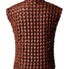 A handcrafted burnt maroon interlaced leather gilet women showing the womens leather vest jacket texture.