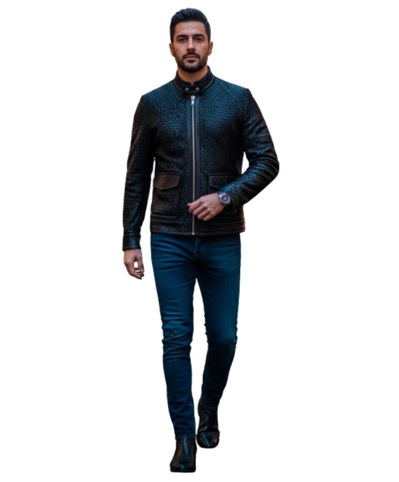 A high-end mens leather jackets featuring a detailed leather black leather jacket woven texture.