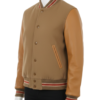 A high-end camel and cream wool varsity jackets with leather sleeves for men.