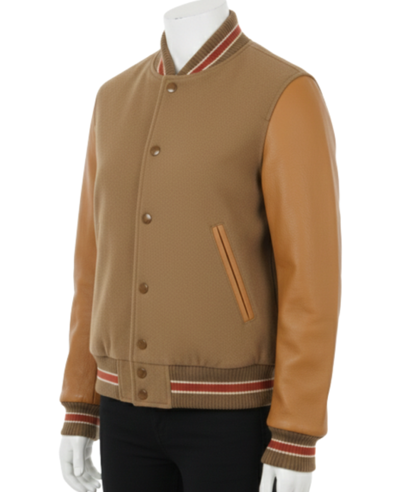 A high-end camel and cream wool varsity jackets with leather sleeves for men.