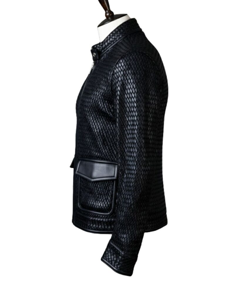 A high-end mens leather jackets featuring a detailed leather black leather jacket woven texture.