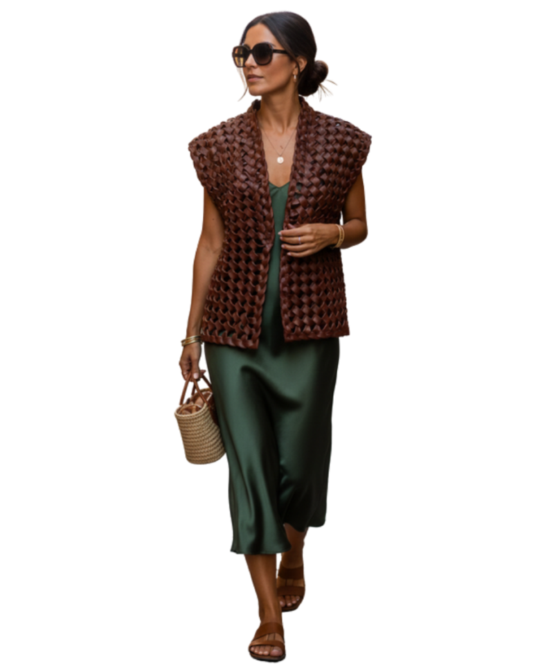 A handcrafted burnt maroon interlaced leather gilet women showing the womens leather vest jacket texture.