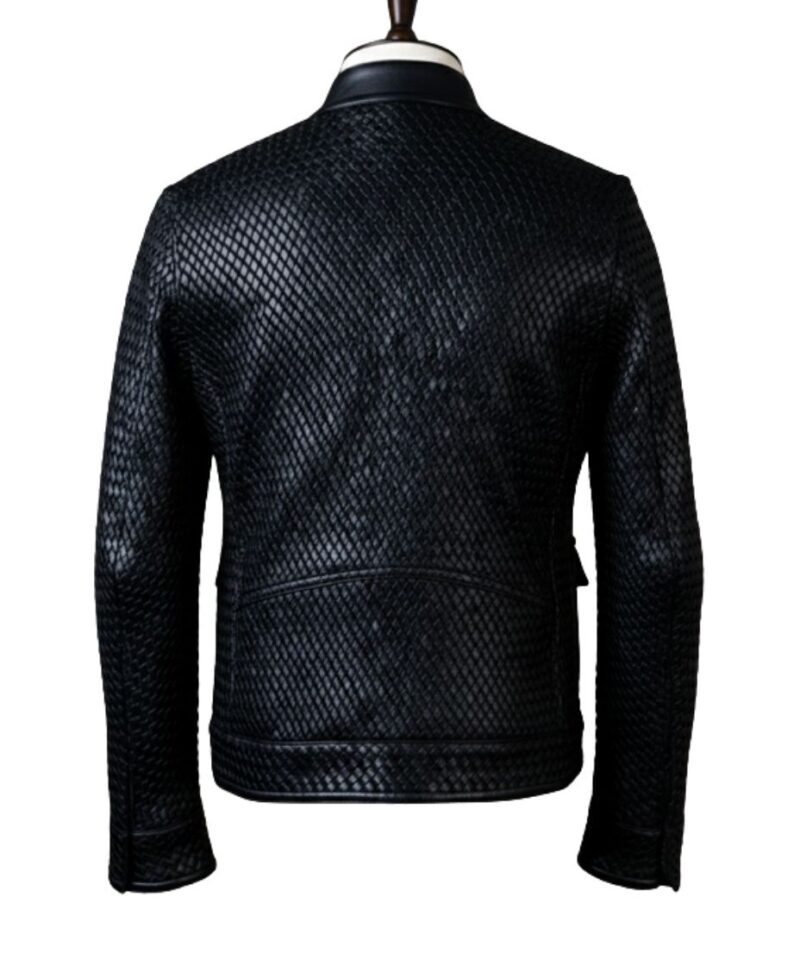 A high-end mens leather jackets featuring a detailed leather black leather jacket woven texture.