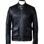 A high-end mens leather jackets featuring a detailed leather black leather jacket woven texture.