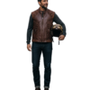 A handcrafted dark coffee interlaced leather waistcoat men showing the leather vest for men texture.