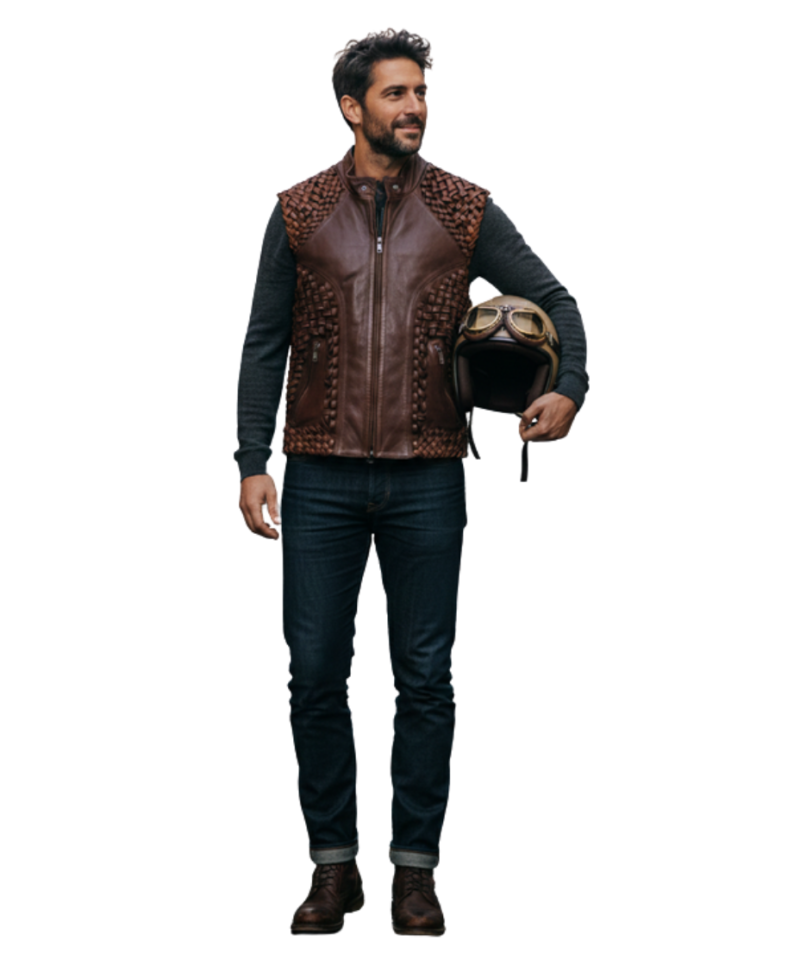 A handcrafted dark coffee interlaced leather waistcoat men showing the leather vest for men texture.