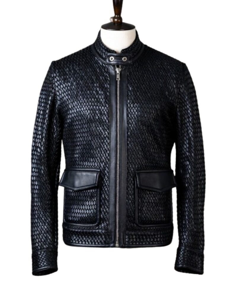 A high-end mens leather jackets featuring a detailed leather black leather jacket woven texture.