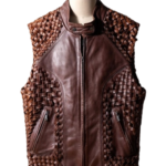 A handcrafted dark coffee interlaced leather waistcoat men showing the leather vest for men texture.