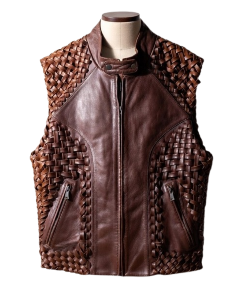 A handcrafted dark coffee interlaced leather waistcoat men showing the leather vest for men texture.