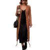 A high-end leather coat women featuring a detailed long leather coat women woven texture in saddle brown.
