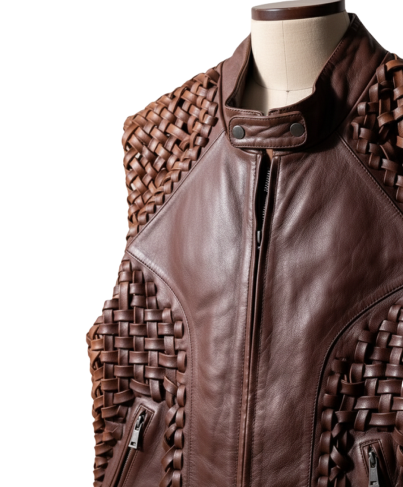 A handcrafted dark coffee interlaced leather waistcoat men showing the leather vest for men texture.