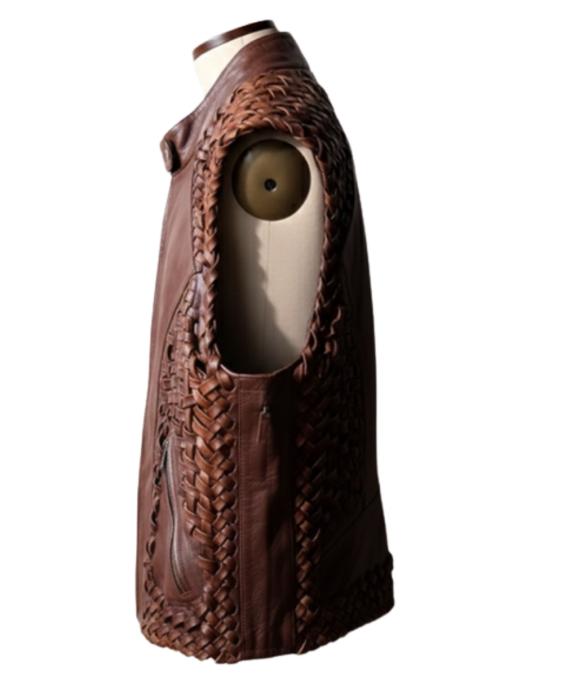 A handcrafted dark coffee interlaced leather waistcoat men showing the leather vest for men texture.
