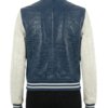 A high-end navy and white crocodile leather varsity jacket for women.