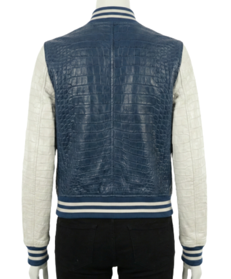 A high-end navy and white crocodile leather varsity jacket for women.