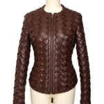 A handcrafted espresso woven leather jacket women showing the brown leather jacket female texture.