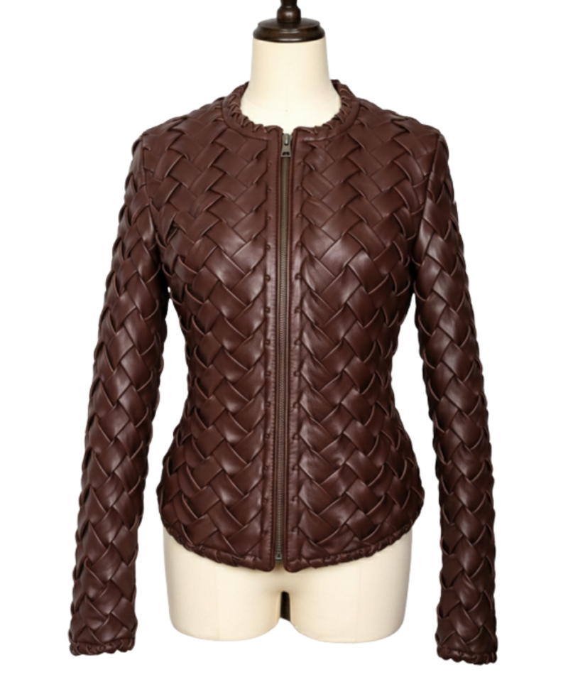 A handcrafted espresso woven leather jacket women showing the brown leather jacket female texture.